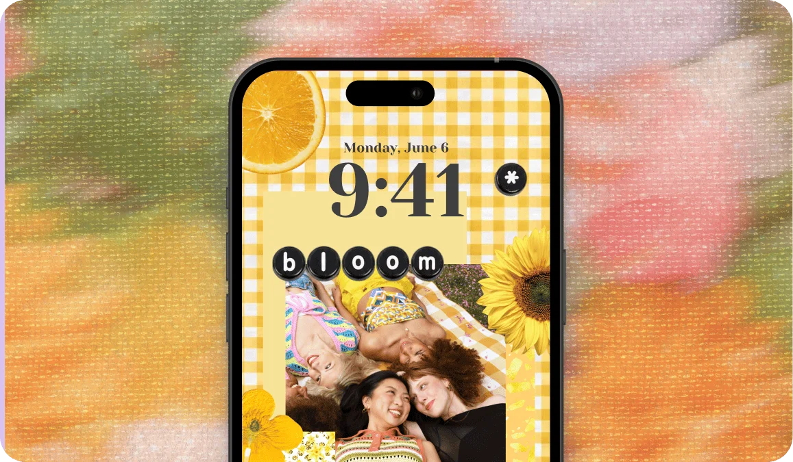 Phone lock screen reading bloom in black bead letters over a yellow gingham beach photo of friends
