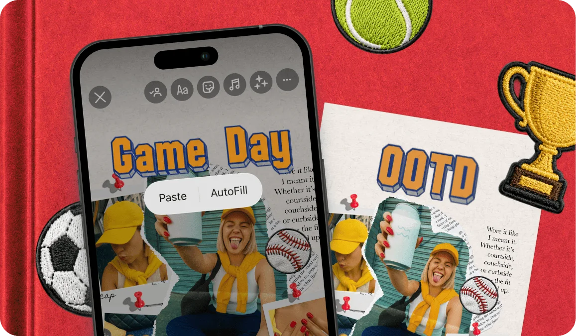 Phone screen with Game Day in bold outline text next to a postcard reading OOTD on a red sports-themed background