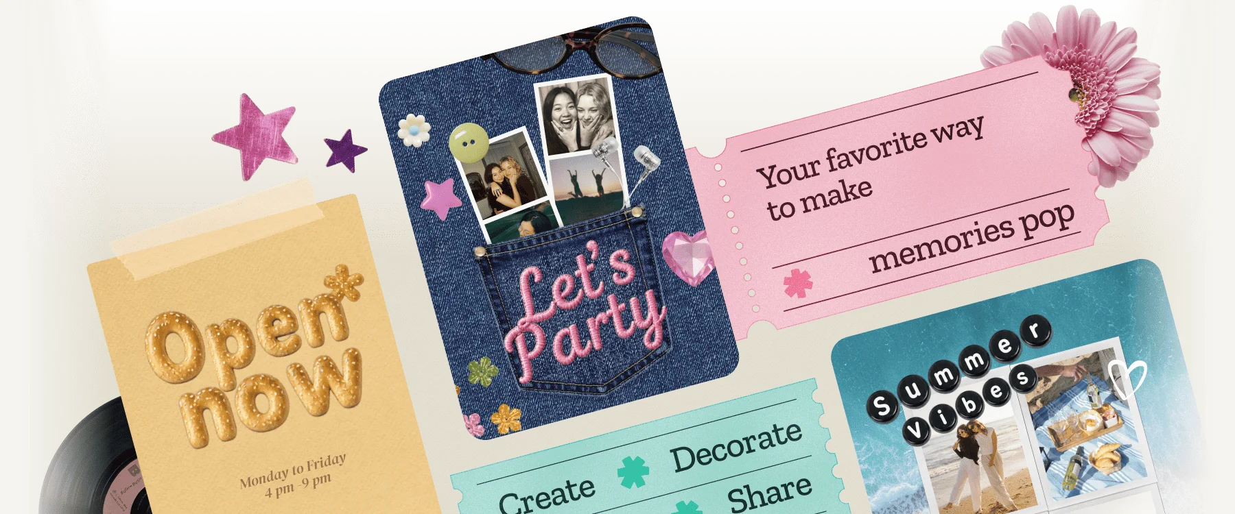 Collage of text picture examples including Open Now, Let's Party, a Summer Vibes beach photo, and a ticket reading Your favorite way to make memories pop