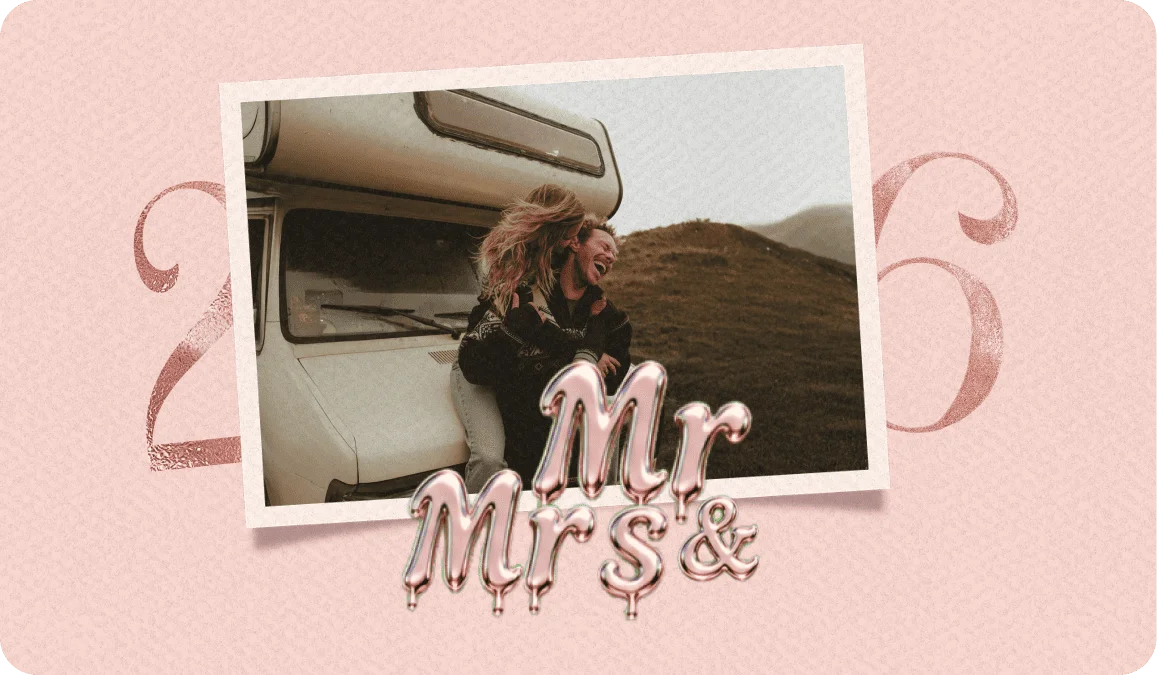 Mr & Mrs in rose-gold foil balloon letters over a photo of a couple hugging beside a camper van
