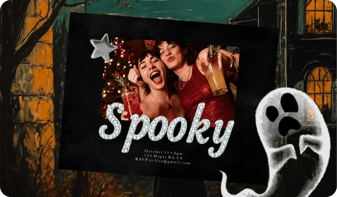 Spooky in glittery Halloween-style letters over a party photo of two friends, with a ghost sticker beside it