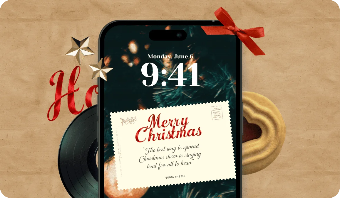 Phone lock screen showing a vintage Merry Christmas postcard over a Christmas tree background