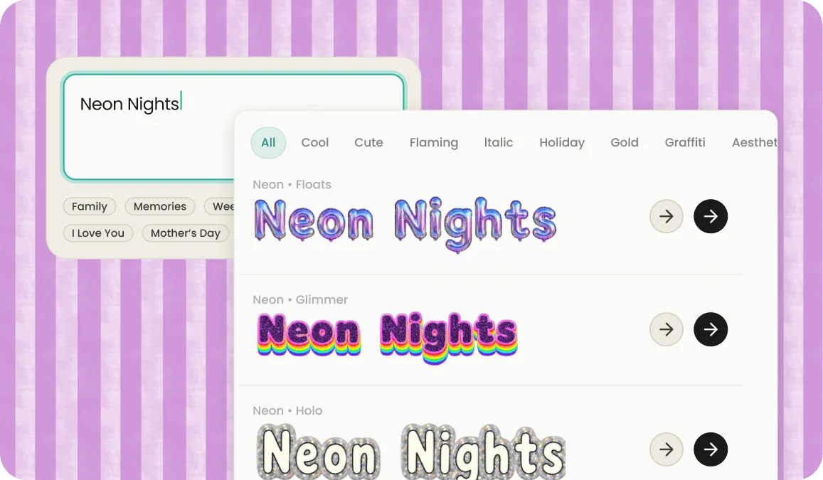 Style list showing Neon Nights rendered in Floats, Glimmer, and Holo neon font options