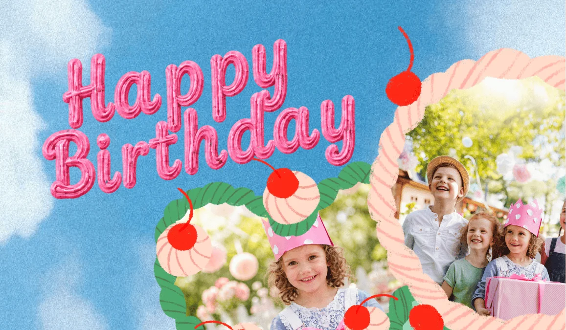Happy Birthday in pink balloon-style script over a blue sky, above a photo of children at a birthday party
