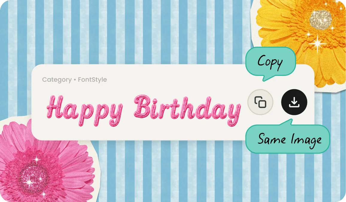 Happy Birthday text image with copy and download buttons next to matching flower stickers on a striped background
