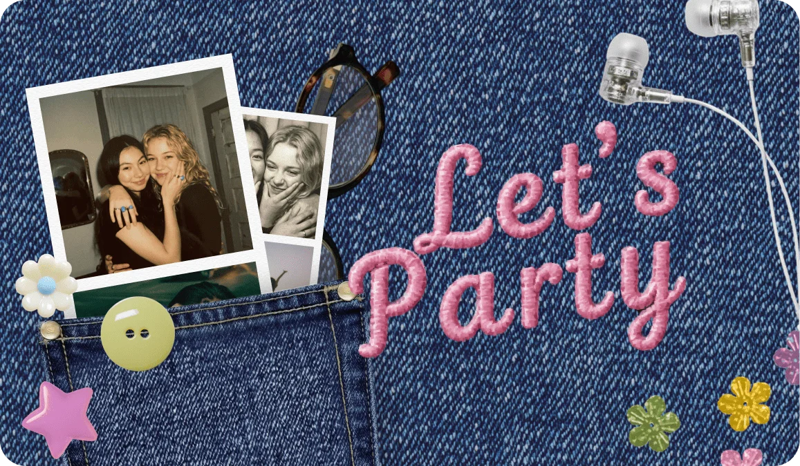 Let's Party embroidered in pink cursive on a denim jacket pocket holding photo strips and earbuds