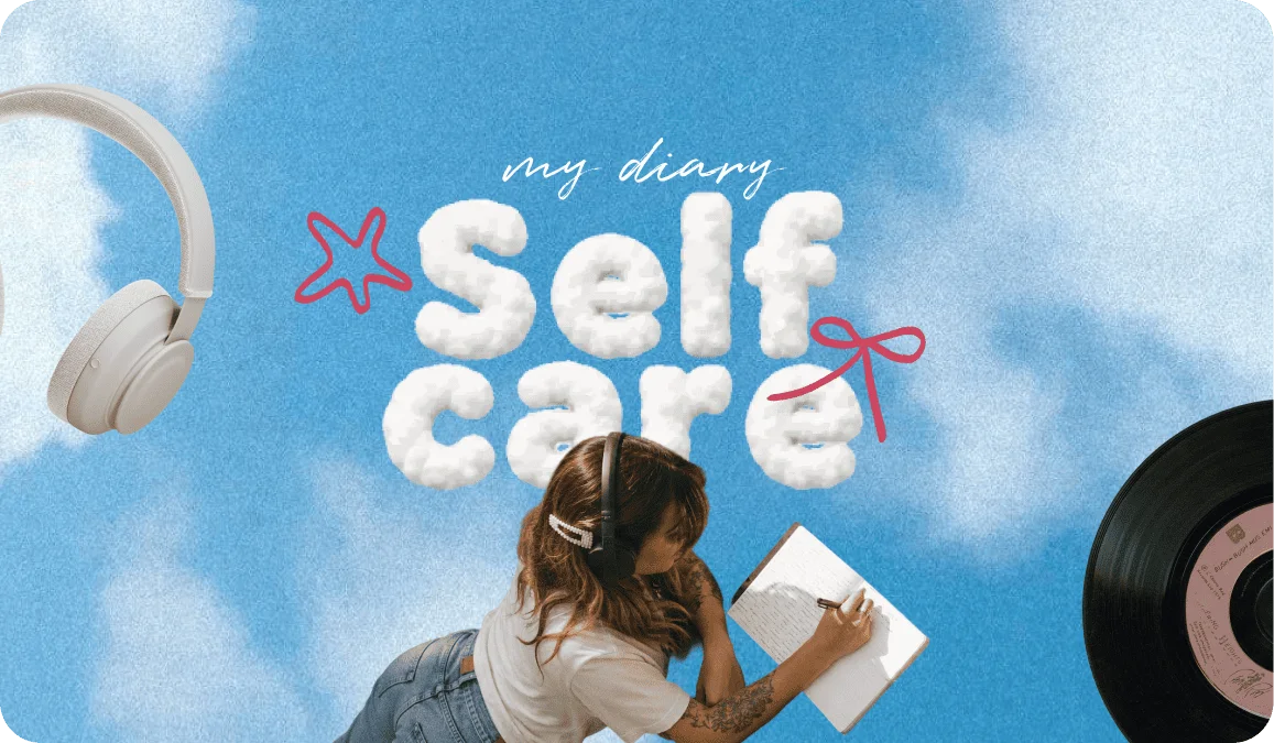 Self Care text in cloud-puff letters above a photo of a woman writing in a diary with headphones on