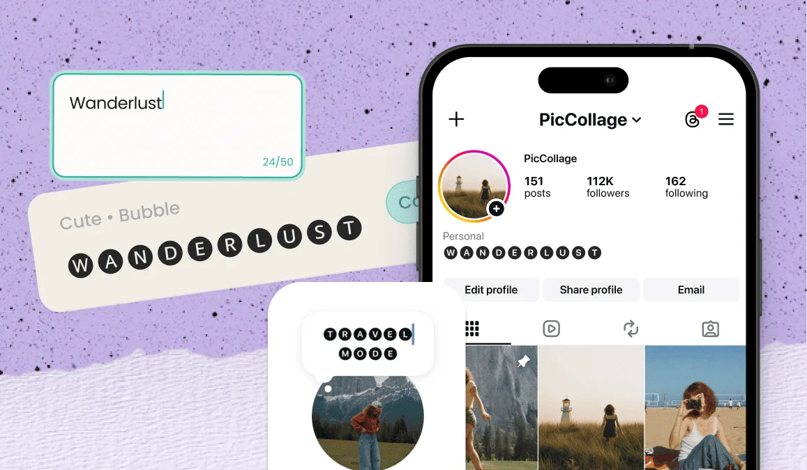 The word Wanderlust converted to bold black bubble letters and pasted into an Instagram bio and username