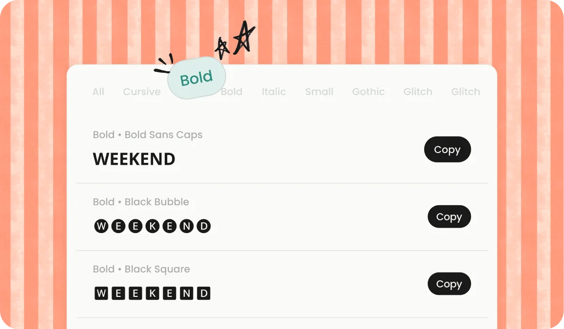 Bold font generator listing the word Weekend in bold sans caps, black bubble, and black square styles