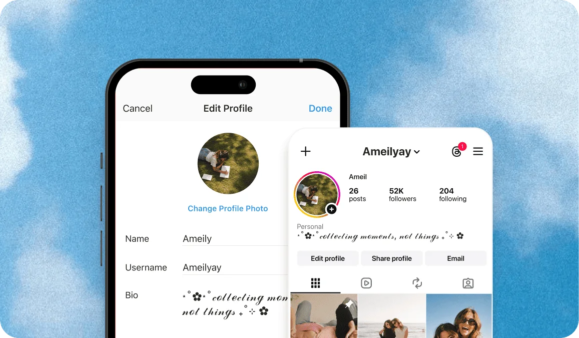 Instagram edit profile screen with the bio Collecting Moments Not Things written in flowing cursive text