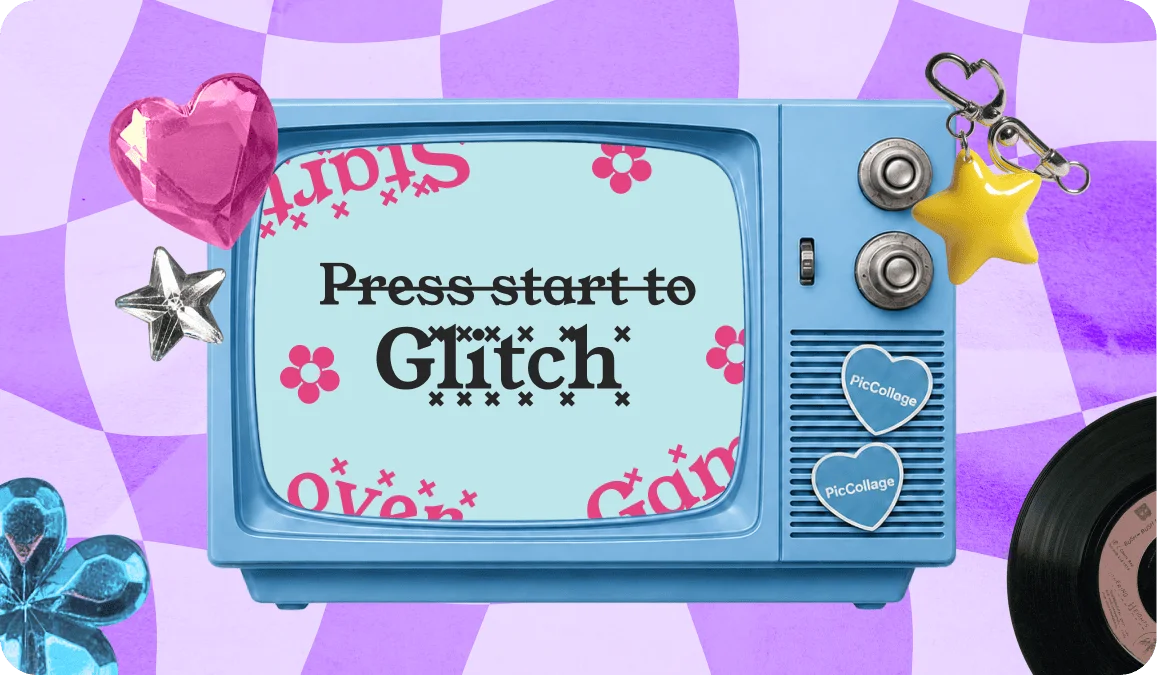 Retro TV screen showing Press Start To Glitch in distorted strikethrough glitch text