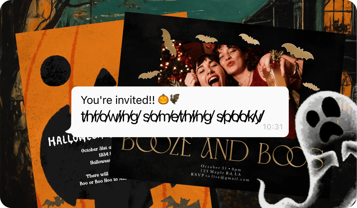 Halloween party chat message written in slashed glitch text over spooky invitation cards