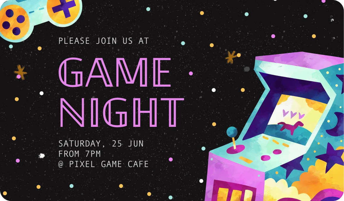 Game night invitation with the title in tall ornate lettering beside a retro arcade machine illustration