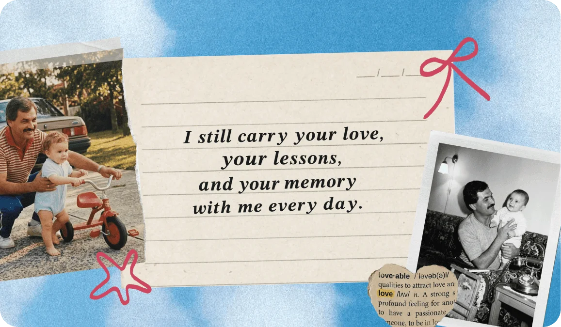 Scrapbook collage with a heartfelt tribute message written in italic serif text on a notebook page