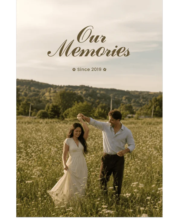 Couple dancing in a flower field with Our Memories written above them in cursive text